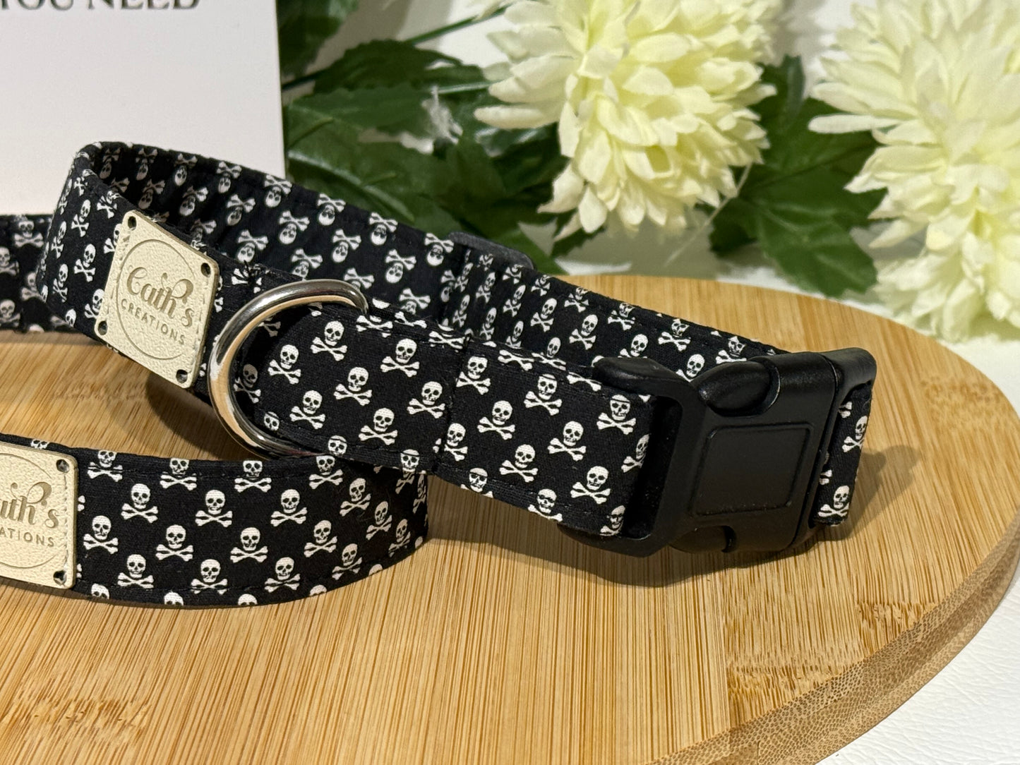 Dog Collar - black fabric with white skull and crossbone size M 14”-18” x 1” wide